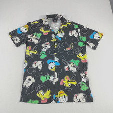 Disney Shirt Mens Medium Black Mickey Donald Goofy Pluto Button Up Cartoon Rayon