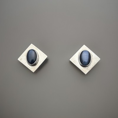 Mexico Sterling Silver Oval Gray Cat's Eye Cabochon Stone Sqre Stud Earrings 13g
