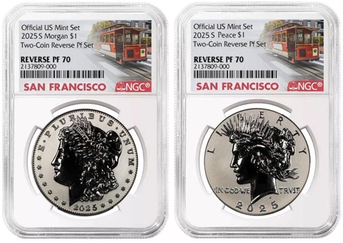 2025 S Morgan & Peace Silver Dollar $1 Reverse Proof  Two Coin NGC PF70 #854