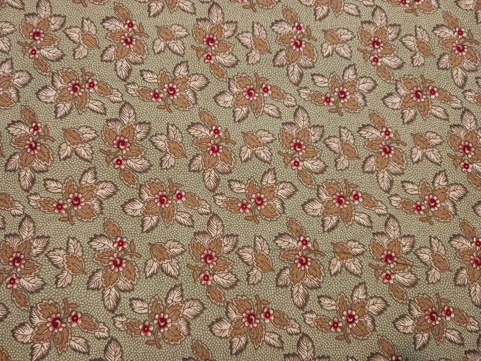 Folk Art Christmas II for Moda Cotton Fabric Olive Green w Leaves Red Flowers - Image 2 of 4