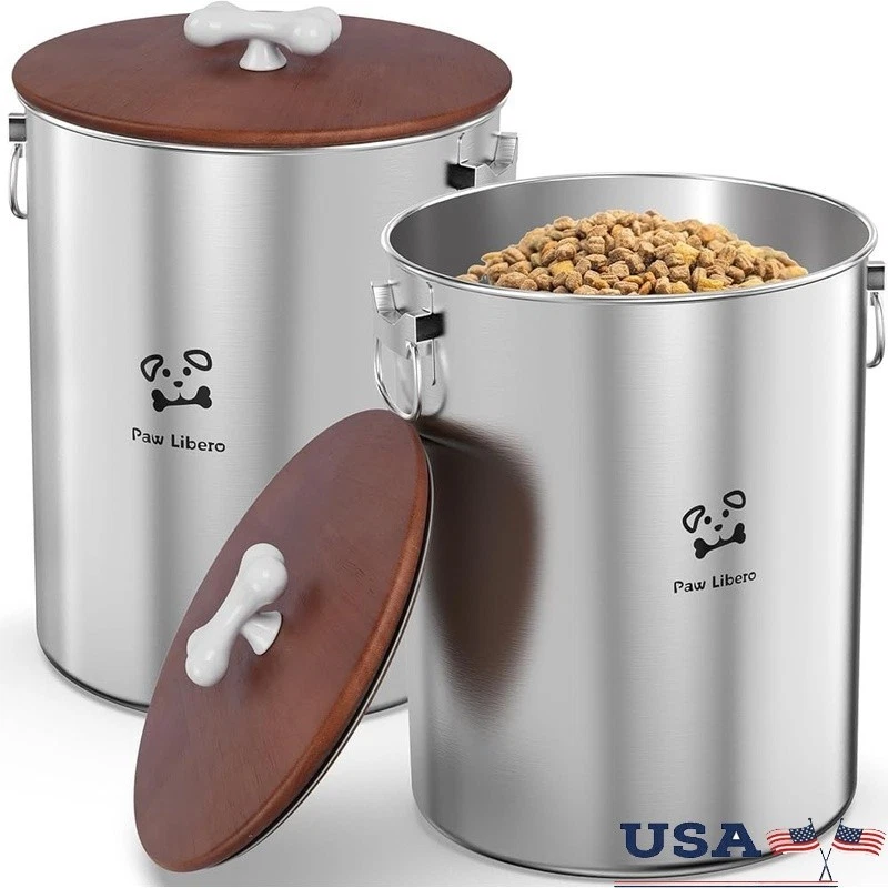 Airtight Stainless Steel Pet Food Storage Container W/ Wooden Lid Set of 2 New