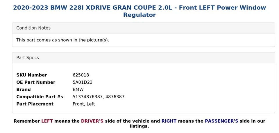 BMW 228I XDRIVE 2020-2023 gran cupé 2,0 L - regulador de ventana eléctrica delantero izquierdo Foto 3 de 4