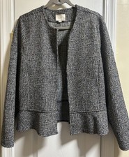 ANN TAYLOR LOFT Black White Rainbow Tweed Peplum Open Front Blazer Jacket Large