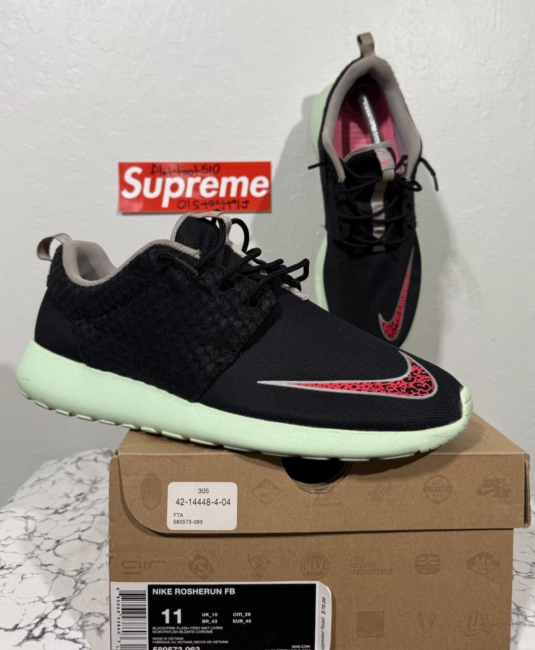 Nike Roshe Run FB Yeezy nere rosa flash come nuove taglia 11 580573 063