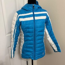 Spyder Youth XL Blue White Puffer Jacket Hooded Insulated Ski Coat Full Zip