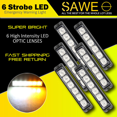 6 x Amber White 6 LED Truck Car ATV Warning Hazard Flash Strobe Light