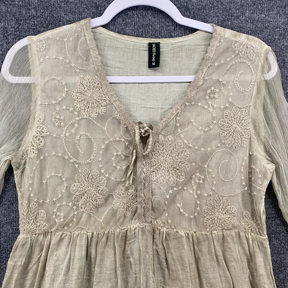 Sacred Threads Dress Womens M Beige Silk Cotton Shift Tiered Boho Western Hippie - Image 2 of 4