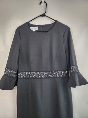 donna morgan lace shift dress Donna Morgan Womens Shift Dress Size 14 Black Lace Trim Bell Sleeve  Minimalist