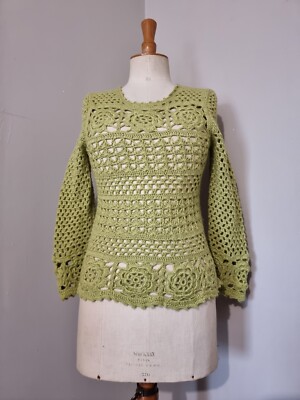 BÖHMISCHER HÄKELPULLOVER STRICK ANISGRÜN DICKER PULLOVER DURCHBROCHEN FOLK