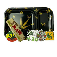 Plateau à rouler Noir 24 x 15 cm + Etui Feuille Slim Raw + Stickers - Smoke Gift