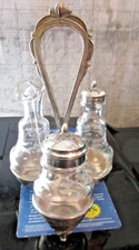 VICTORIAN 3 Glass Castor Cruet Condiment shaker set ETCHED neat slant to center