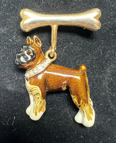 Gold Tone Rhinestone & Enamel Figural Boxer Dog with Bone Dangle Brooch Pin