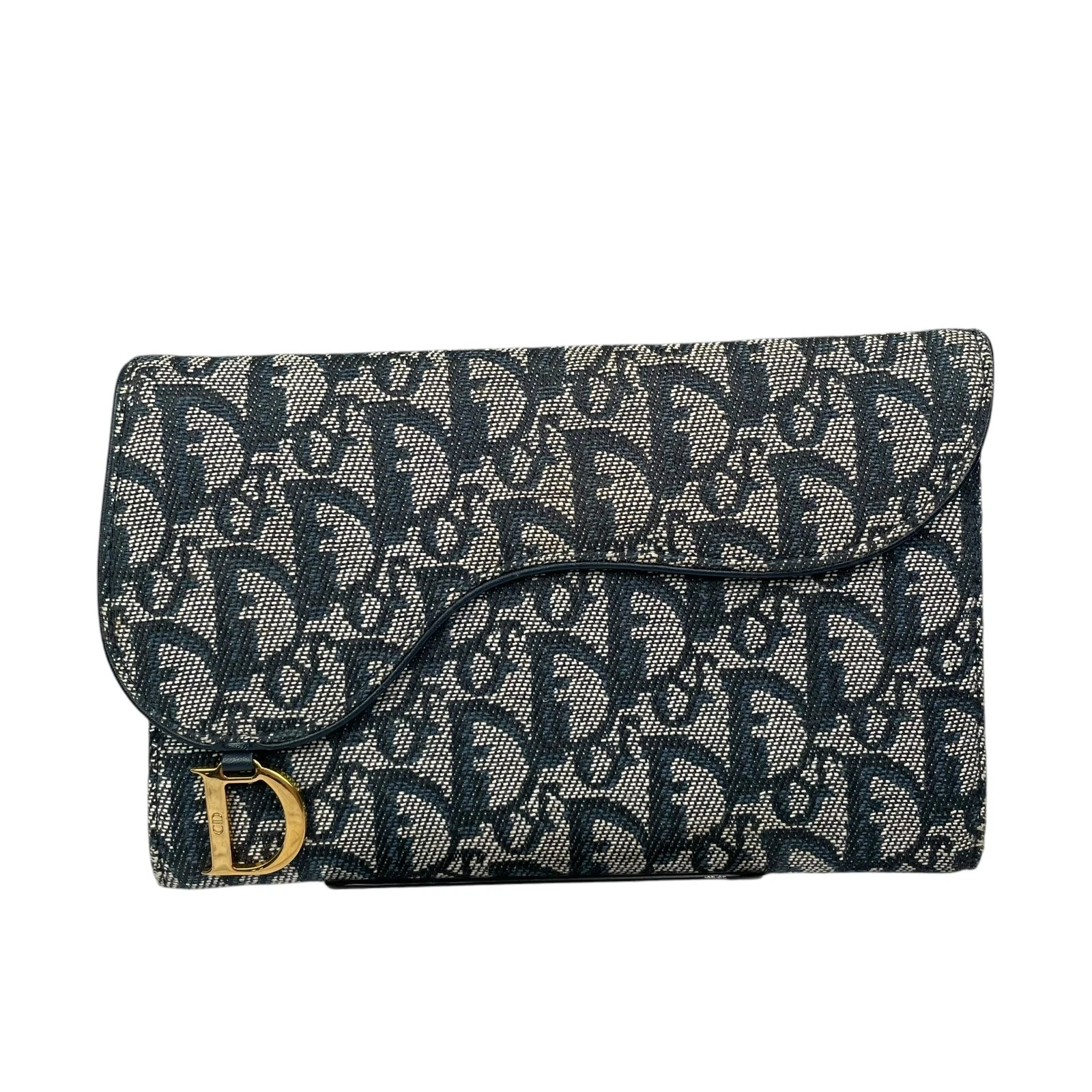 Grand portefeuille triple pli toile trotteur oblique Christian Dior bleu selle