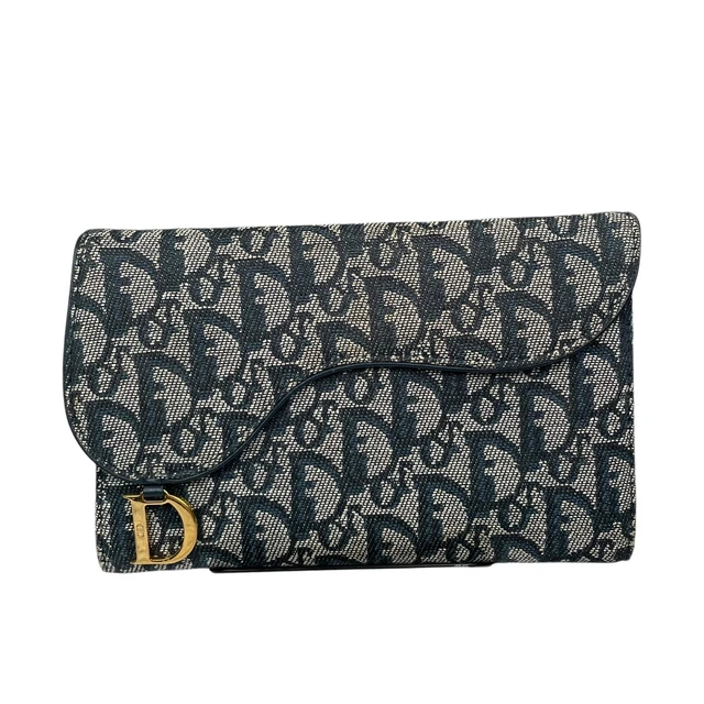 Christian Dior Blue Saddle Large Oblique Trotter Canvas Leather Tri-Fold Wallet