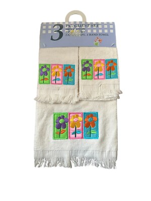 Vtg Hand & Fingertip Towels Embroidered Flower Power  Fringe Edge Y2K New Set