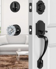 Black Front Door Handle and Deadbolt Set, Front Door Lock Set with Crystal Gl...
