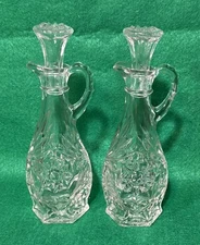 2 Anchor Hocking Prescut Clear Cruets w/Stoppers Oil and Vinegar Vintage