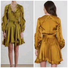 ZIMMERMANN Sz 2 Or 12 Yellow Silk Robe Wrap Dress V-neck Frill