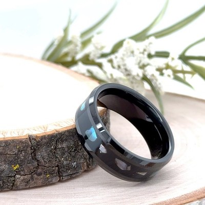 8mm Black Tungsten Christmas Gifts Ring Faceted Opal Inlay Scratch-Free Band