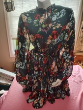 Shein Curve Black Chiffon Floral Dress And Tie Waist Size XL
