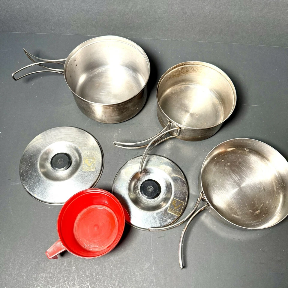 Juego de cocina de camping anidación de acero inoxidable siempre nuevo vintage S Japón completo USADO Foto 4 de 4