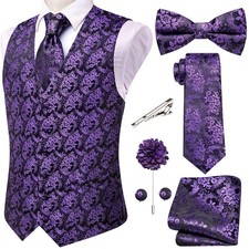 Hi-Tie Men's Formal Paisley Silk Vest Jacquard Vest Bowtie Tie Set 7PCS Small