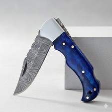Coltello Pieghevole Damasco Fatto a Mano Lama Damascus Manico Legno con Fodero 