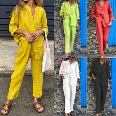 Ladies 2-piece cotton and linen shirt set high waist loose trousers