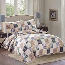 Beige Plaid Quilt Set King Size Patchwork Quilts Bedding Plaid Reversible Bed...