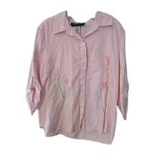 Sag Harbor Pink Embroidered Tulip Roll Tab Linen Button Sleeve Shirt Woman Large