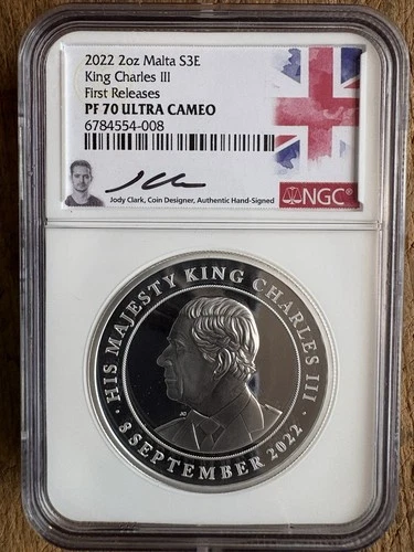 2022 2oz Malta S3E King Charles III NGC PF70 First Day Of Issue Jody Clark