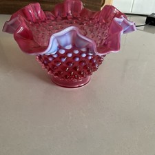Vintage Fenton Cranberry Opalescent Hobnail Glass Round Bowl with Ruffled Rim