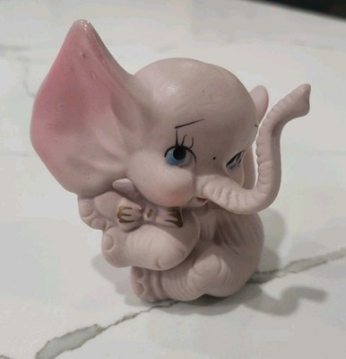 Vintage Porcelain Baby Elephant Figurine Blue Eyes, Pink Ears Bisque Japan MCM 