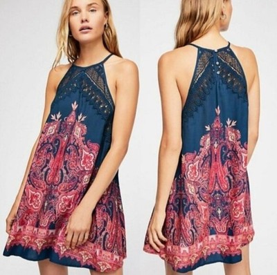 Free People boho blue crochet mini dress halter boho gypsy flowy lace summer