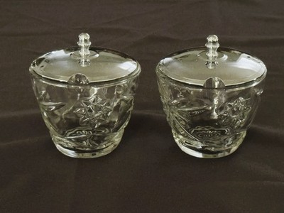 Pair of Anchor Hocking Early American Prescut Glass Covered Jars