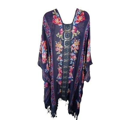 WOVEN HEART GORGEOUS floral fringe crocheted kimono Duster wrap plus 2X New
