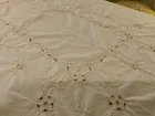 WHITE LINEN TABLECLOTH CONTRASTING EMBROIDERY & OPEN WORK SCALLOPED HEM 80 X 62”