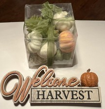 Welcome Harvest wooden plaque sign 14 inch with box pumpkin decor 