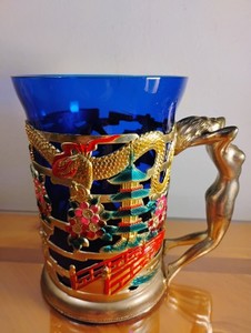 Japanese Cobalt Blue Glass Stein Metal Enamel Dragon Glass Holder 5.5" Nude Lady