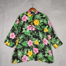 Lauren Ralph Lauren Tunic Women's Large Black Floral Hibiscus 100% Linen Blouse