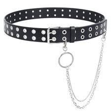 Double Grommet Leather Belt with Detachable Chain for Women Men,Punk Black Be...