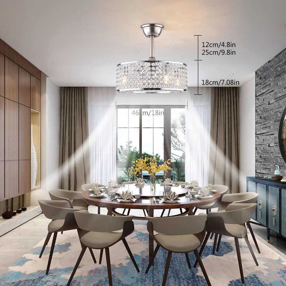 18"Ceiling Fan Lamp Flush Mount Crystal LED Caged Chandelier Bladeless w/ Remote - Image 3 of 4