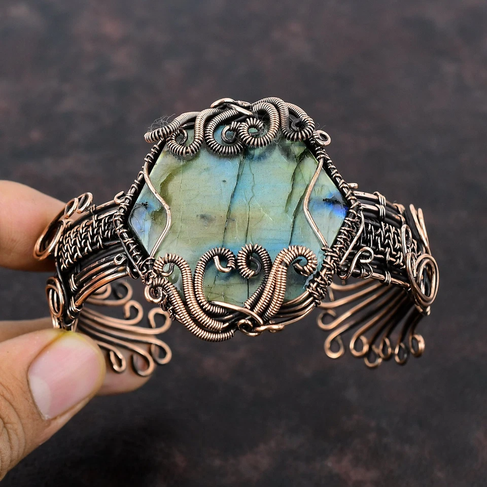 Women Day Gift Labradorite Jewelry Copper Love Gift Wire Wrapped Adjustable Cuff - Image 2 of 4