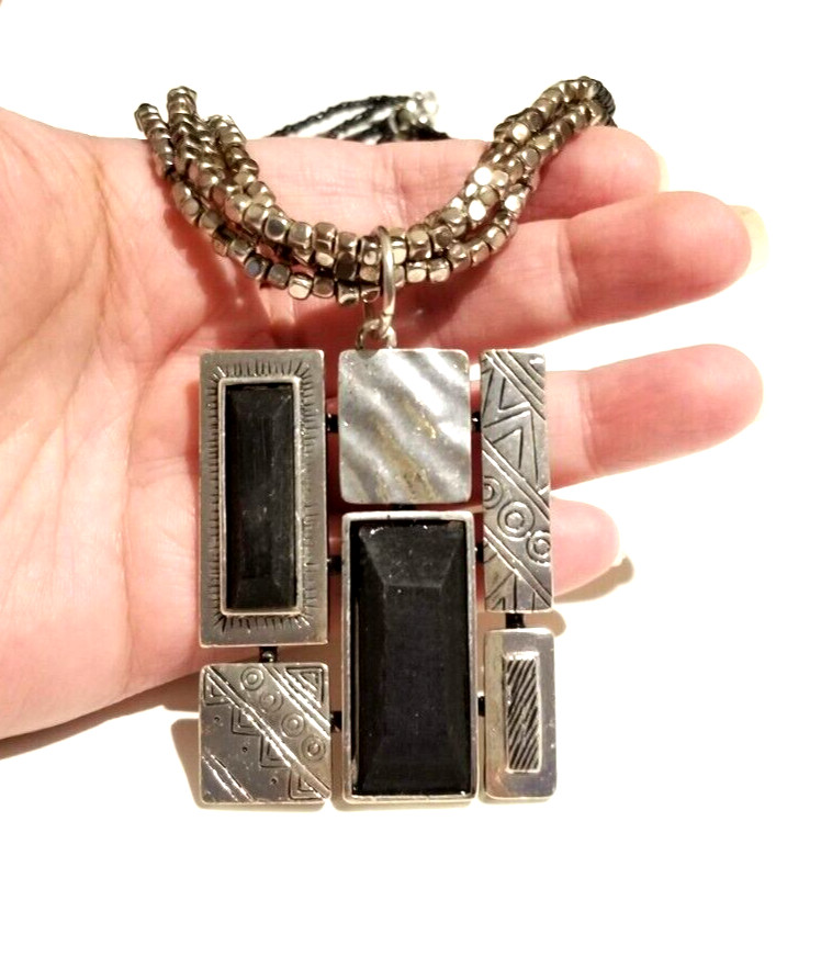 **Ruby Rd Large Silver Black Geometric Modernist Pendant Necklace**