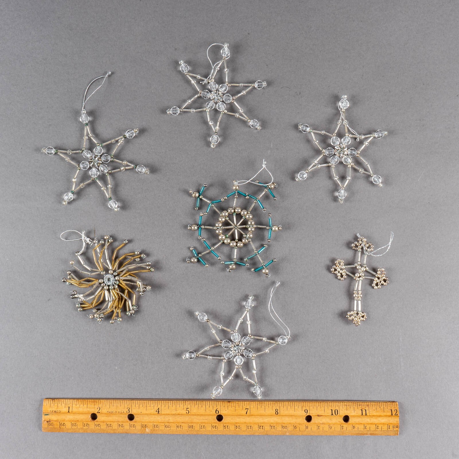 Lot of 7 Vintage Silvered Glass Rod Bead Ornaments Snowflake Star Cross ...