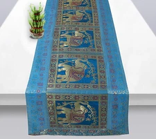 Indian Dinning Table Runner Turquoise & Gold Elephant Silk Runner For Home Décor