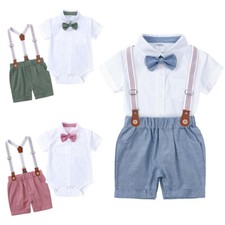 Baby Boys Gentleman Outfit Bow Tie Short Sleeve Romper Shirt Suspender Trousers