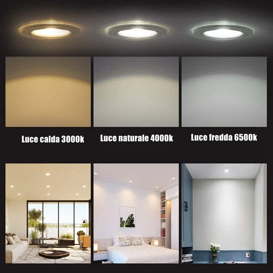 Faretto Da Incasso Vetro LED Rotondo da 6 9 12 18 20 24W Lampada Faro Soffitto - Immagine 2 di 4