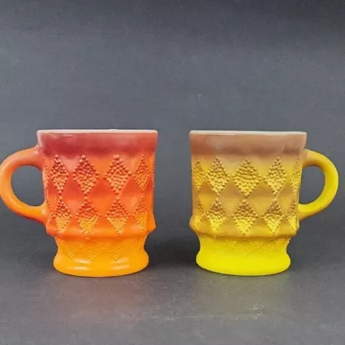 2 Vintage Anchor Hocking Fire King Kimberly Mugs Yellow Orange Diamond
