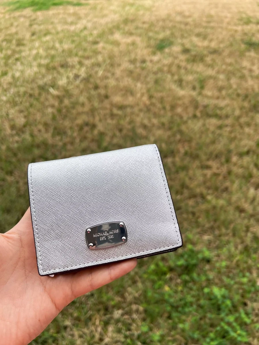 Michael Kors MK Jet Set Saffiano Leather Flap Card Holder Wallet Silver New